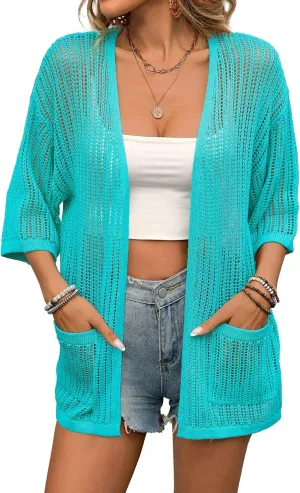 BB&KK Lightweight Summer Crochet Cardigan for Women 3/4 Sleeve Open Front Sheer Knit Boho Kimono Cardigans with Pockets