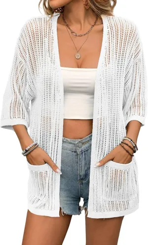 BB&KK Lightweight Summer Crochet Cardigan for Women 3/4 Sleeve Open Front Sheer Knit Boho Kimono Cardigans with Pockets