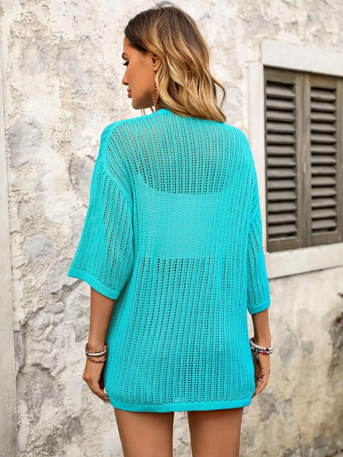 BB&KK Lightweight Summer Crochet Cardigan for Women 3/4 Sleeve Open Front Sheer Knit Boho Kimono Cardigans with Pockets