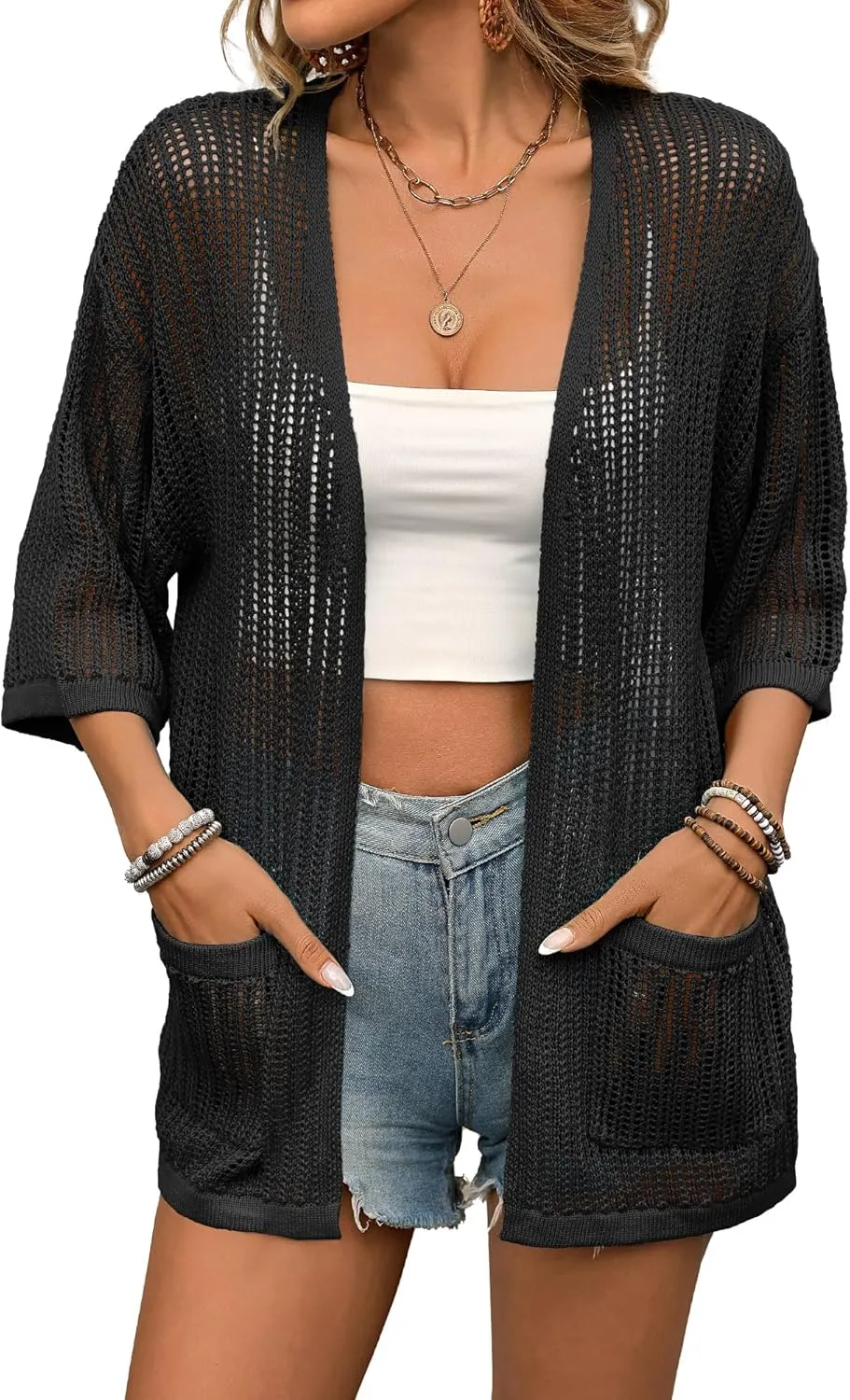BB&KK Lightweight Summer Crochet Cardigan for Women 3/4 Sleeve Open Front Sheer Knit Boho Kimono Cardigans with Pockets