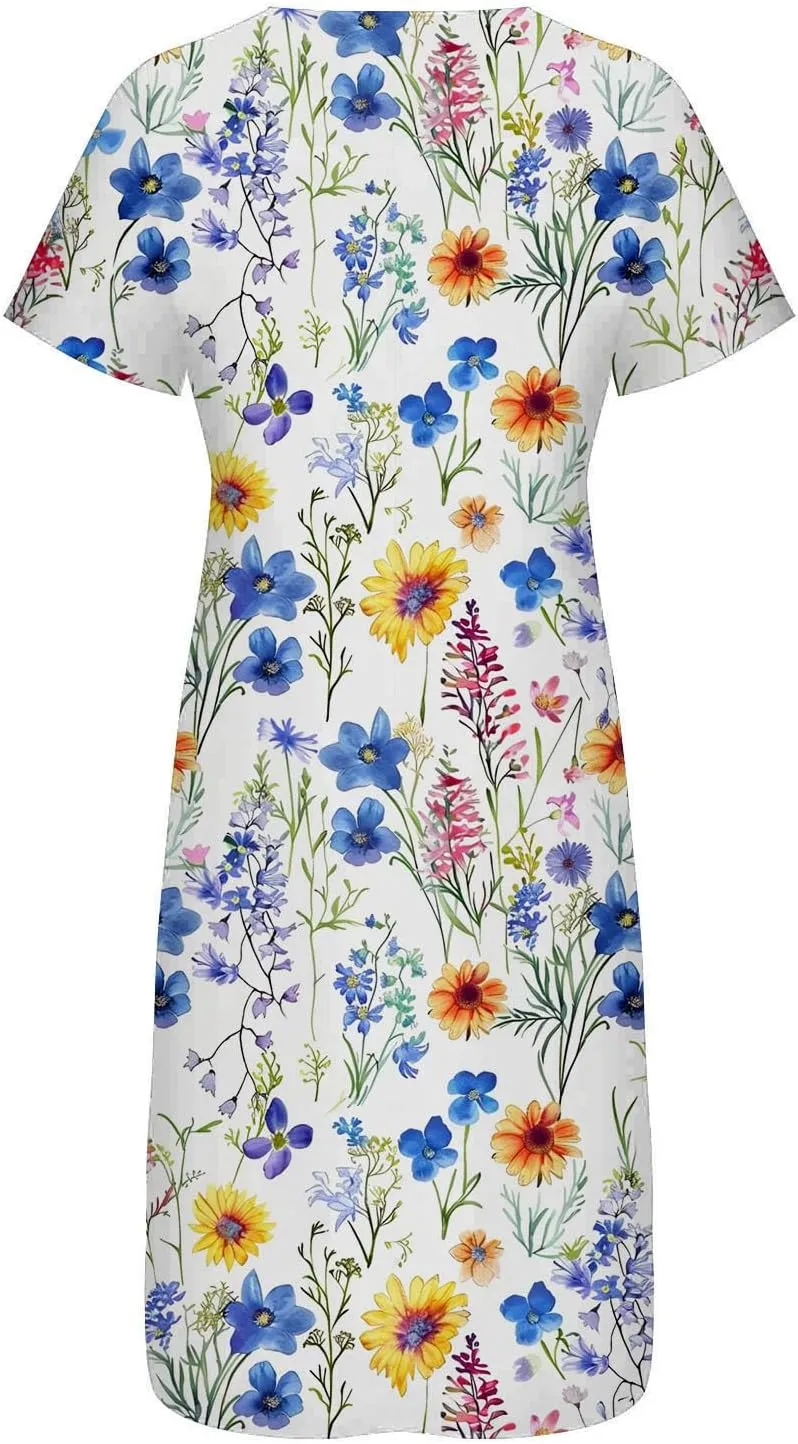 Beach Sundresses for Women 2025 Short Sleeve Summer Floral Dress Vneck Trendy Boho Maxi Dresses Flowy Beach Sundress