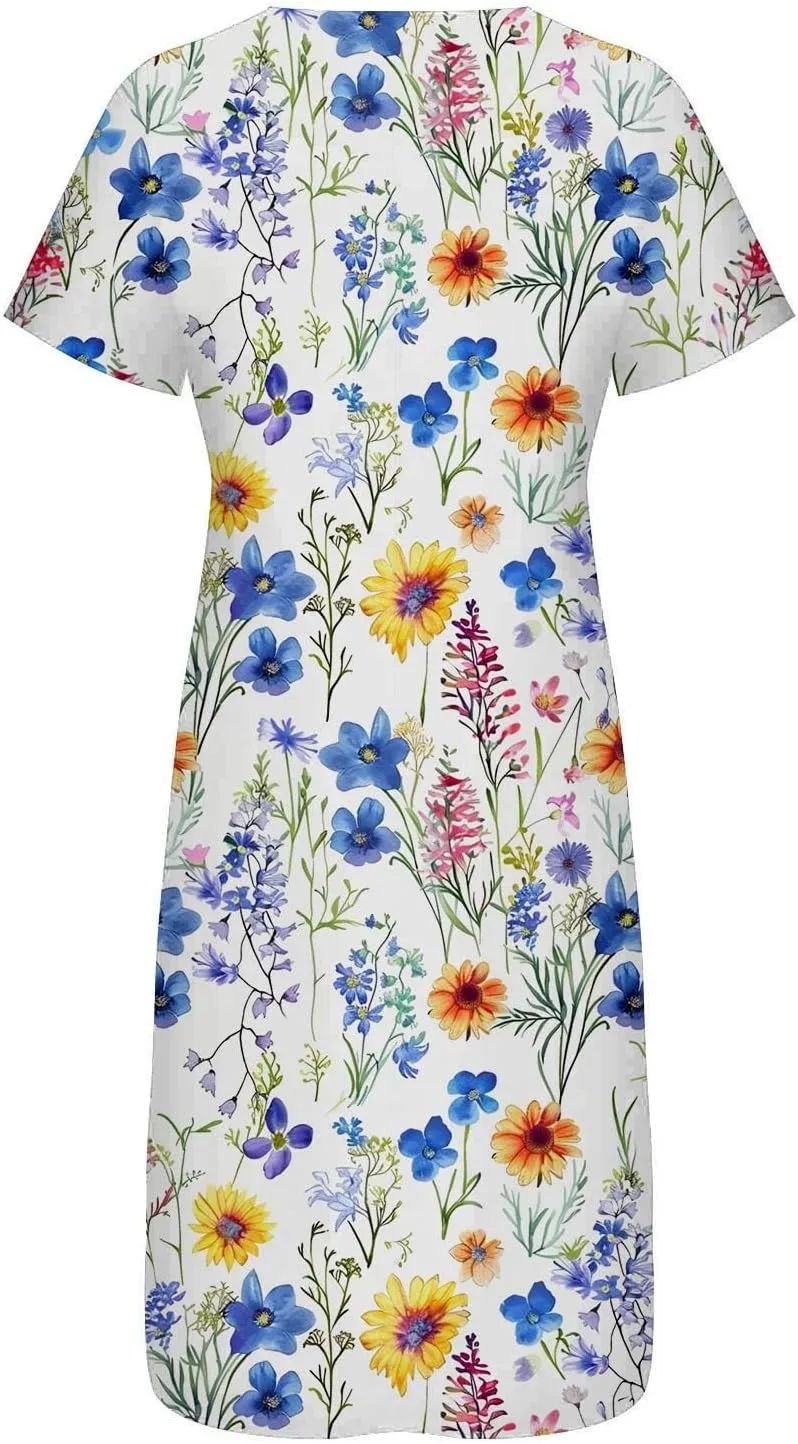 Beach Sundresses for Women 2025 Short Sleeve Summer Floral Dress Vneck Trendy Boho Maxi Dresses Flowy Beach Sundress