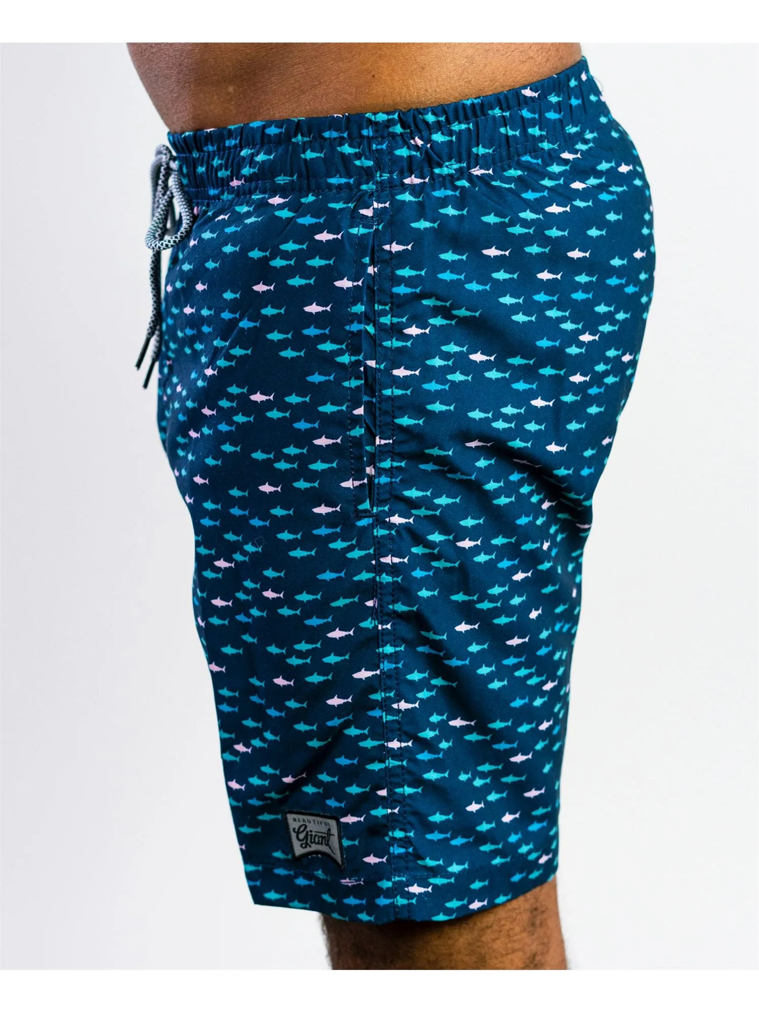 BEAUTIFUL GIANT Mens Navy Drawstring Lined Printed Classic Fit Swim Trunks
