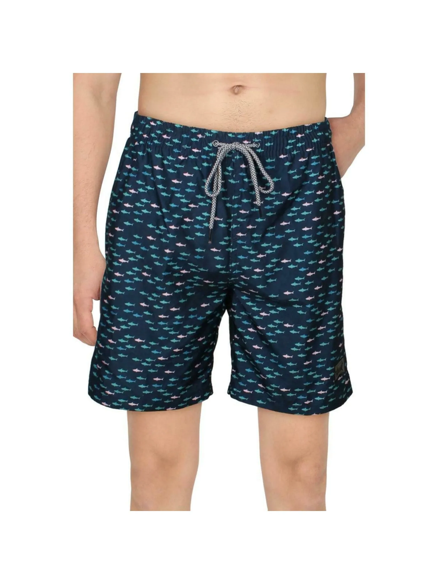 BEAUTIFUL GIANT Mens Navy Drawstring Lined Printed Classic Fit Swim Trunks