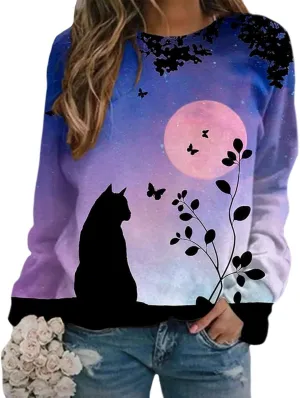Bengbobar Women's Cat Print Sweatshirt Pullover Long Sleeve Cute Cat Lover 3D Graphic Lightweight Casual Loose Hoodie Shirt