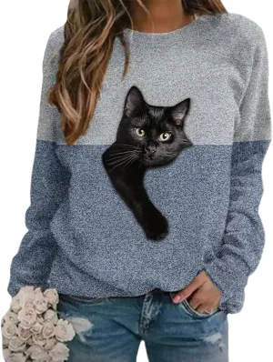 Bengbobar Women's Cat Print Sweatshirt Pullover Long Sleeve Cute Cat Lover 3D Graphic Lightweight Casual Loose Hoodie Shirt