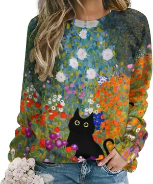 Bengbobar Women's Cat Print Sweatshirt Pullover Long Sleeve Cute Cat Lover 3D Graphic Lightweight Casual Loose Hoodie Shirt