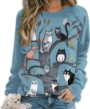 Bengbobar Women's Cat Print Sweatshirt Pullover Long Sleeve Cute Cat Lover 3D Graphic Lightweight Casual Loose Hoodie Shirt