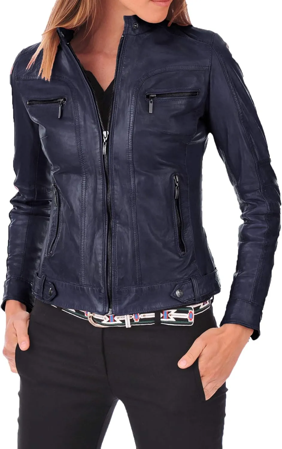 Benjer Skins Women's Leather Jacket Stylish Motorcycle Biker Genuine Lambskin 19