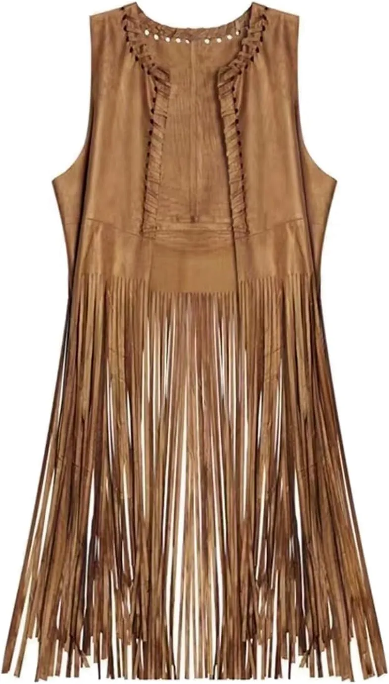 BJU Women's Fringe Vest 70s Hippie Costume Faux Suede Sleeveless Tassel Long Cardigan Jacket Cowgirl Western Tops Halloween