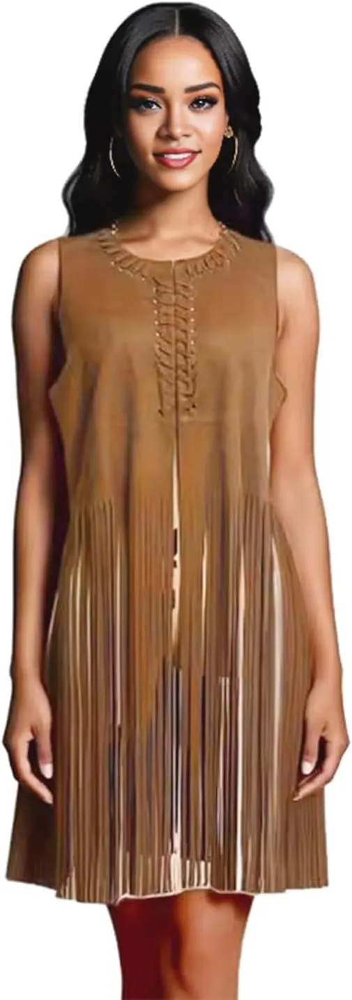BJU Women's Fringe Vest 70s Hippie Costume Faux Suede Sleeveless Tassel Long Cardigan Jacket Cowgirl Western Tops Halloween