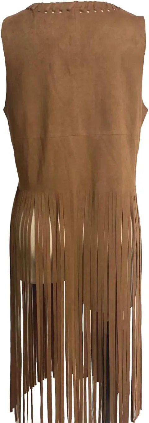 BJU Women's Fringe Vest 70s Hippie Costume Faux Suede Sleeveless Tassel Long Cardigan Jacket Cowgirl Western Tops Halloween