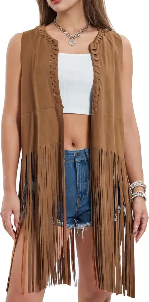 BJU Women's Fringe Vest 70s Hippie Costume Faux Suede Sleeveless Tassel Long Cardigan Jacket Cowgirl Western Tops Halloween