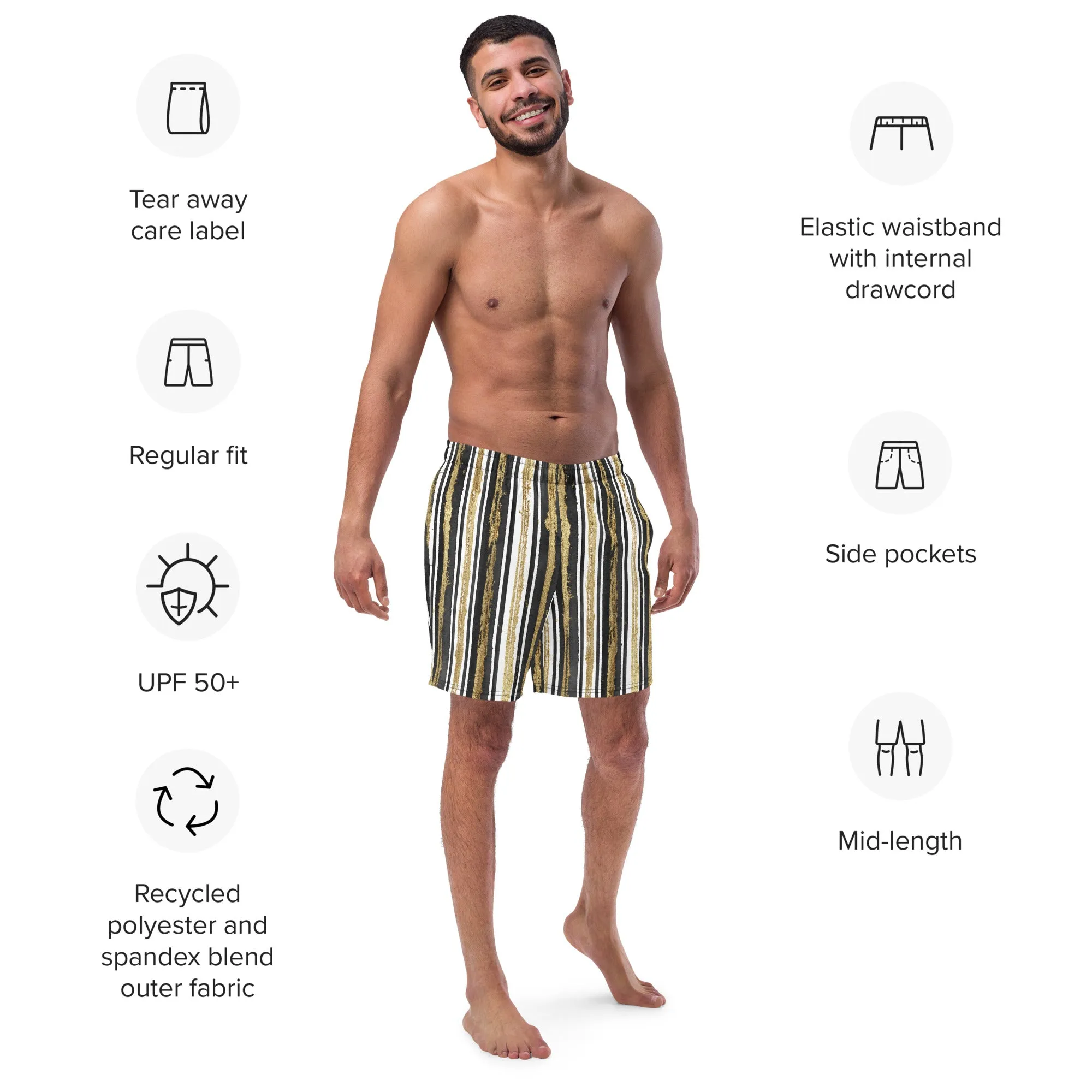 Black & gold stripe swim trunks for men, lioness-love