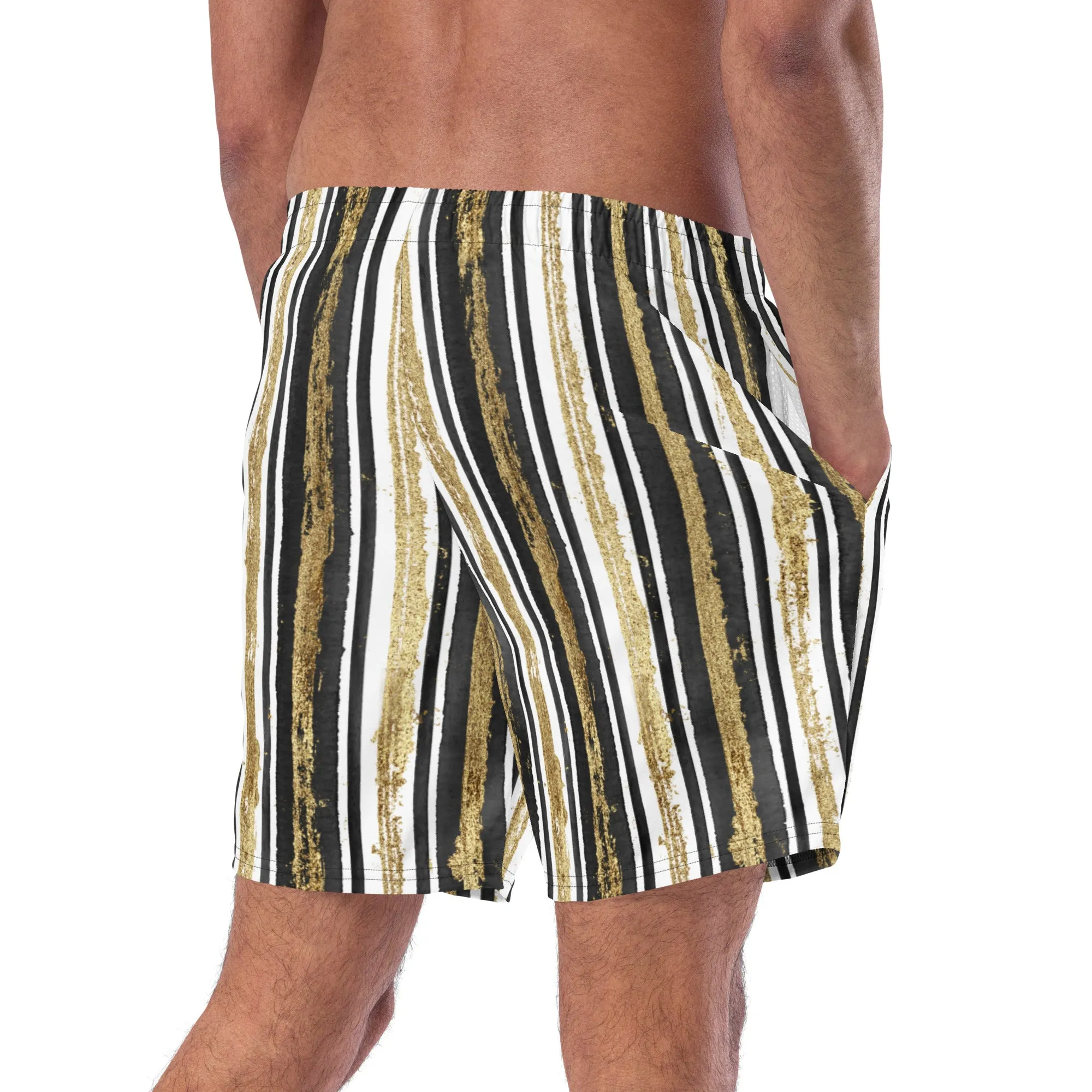 Black & gold stripe swim trunks for men, lioness-love