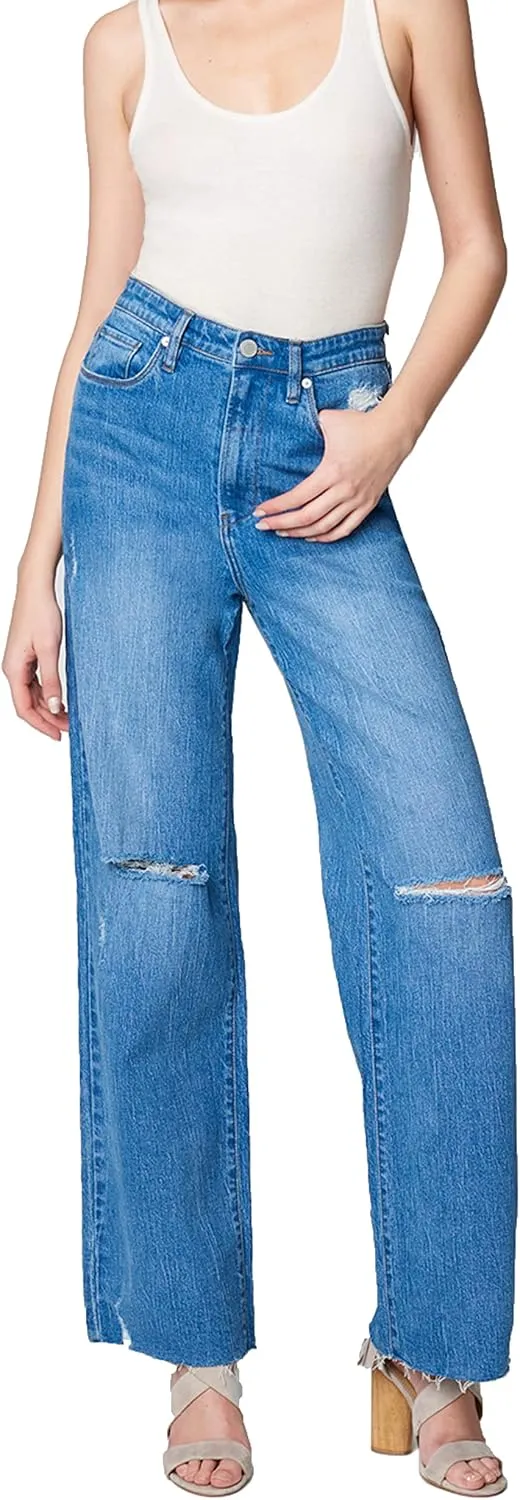 [BLANKNYC] Womens Five Pocket Wide Leg Jean with Rips at Knee, Fashionable & Stylish Pants