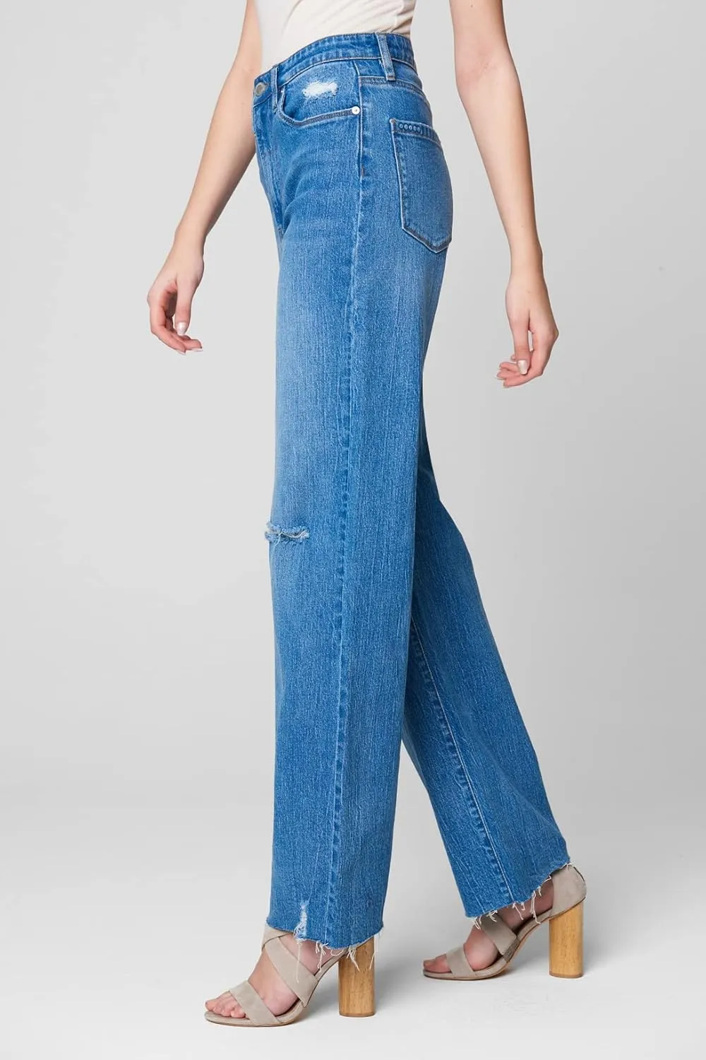 [BLANKNYC] Womens Five Pocket Wide Leg Jean with Rips at Knee, Fashionable & Stylish Pants