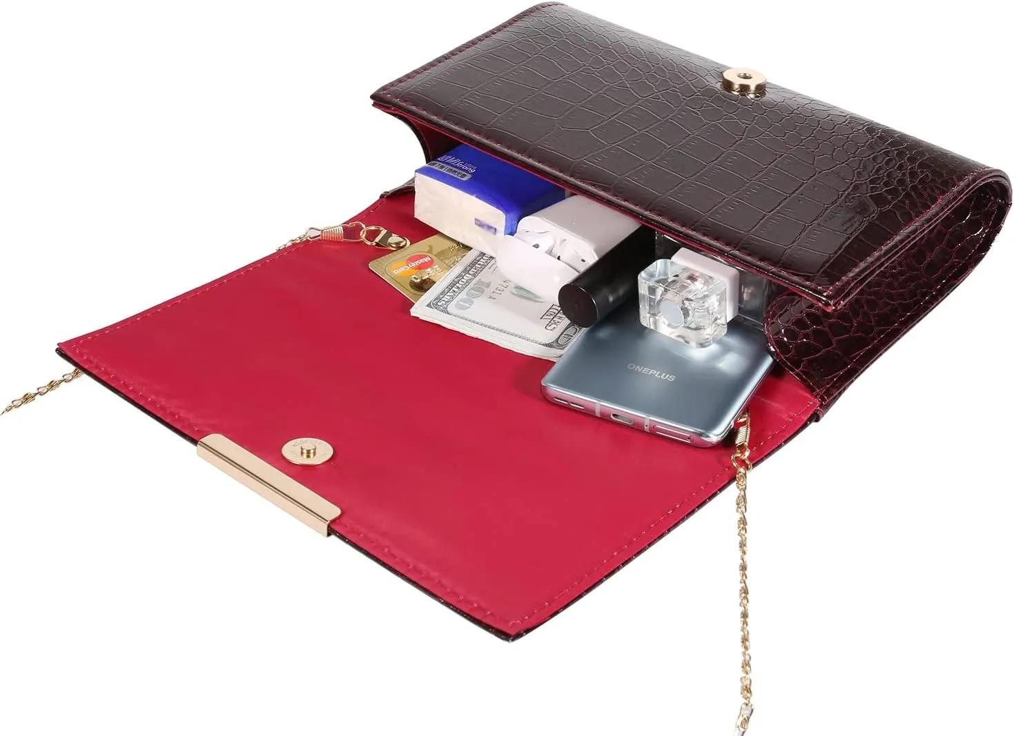 BPC Convertible Vegan Leather Crossbody Clutch, Adjustable Chain & Detachable Strap; Stylish Womens Envelope Purse