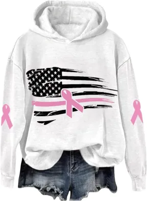 Breast Cancer Awareness Hoodies Women Pink Ribbon American Flag Sweatshirt Casual Long Sleeve Pullover Tops with Hood