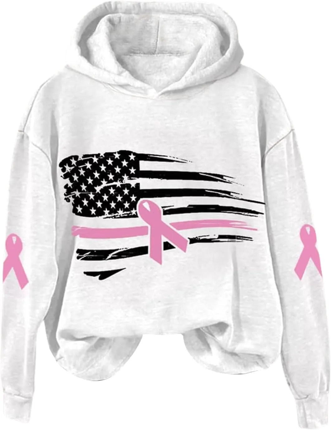 Breast Cancer Awareness Hoodies Women Pink Ribbon American Flag Sweatshirt Casual Long Sleeve Pullover Tops with Hood