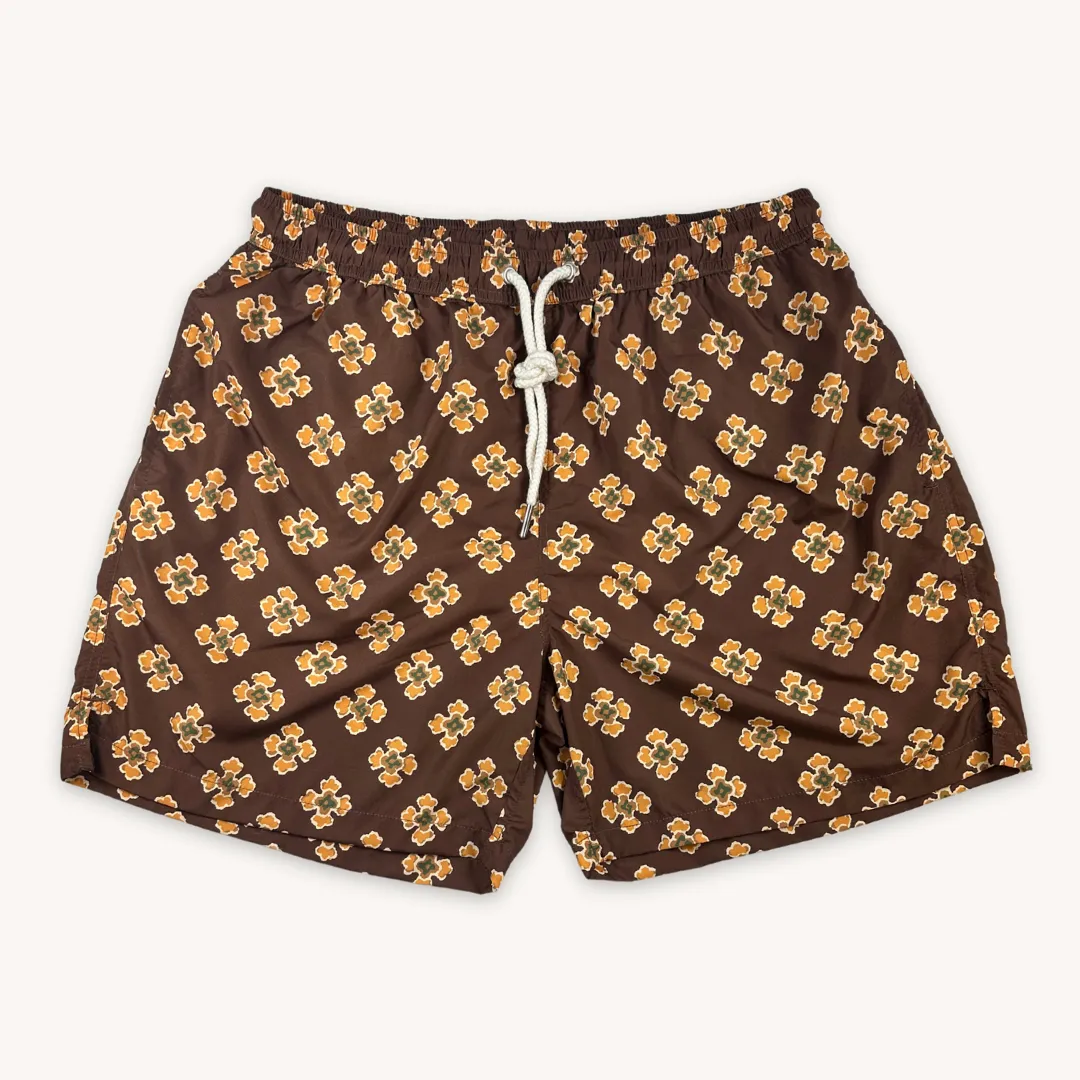 Brown Floral Swim Shorts