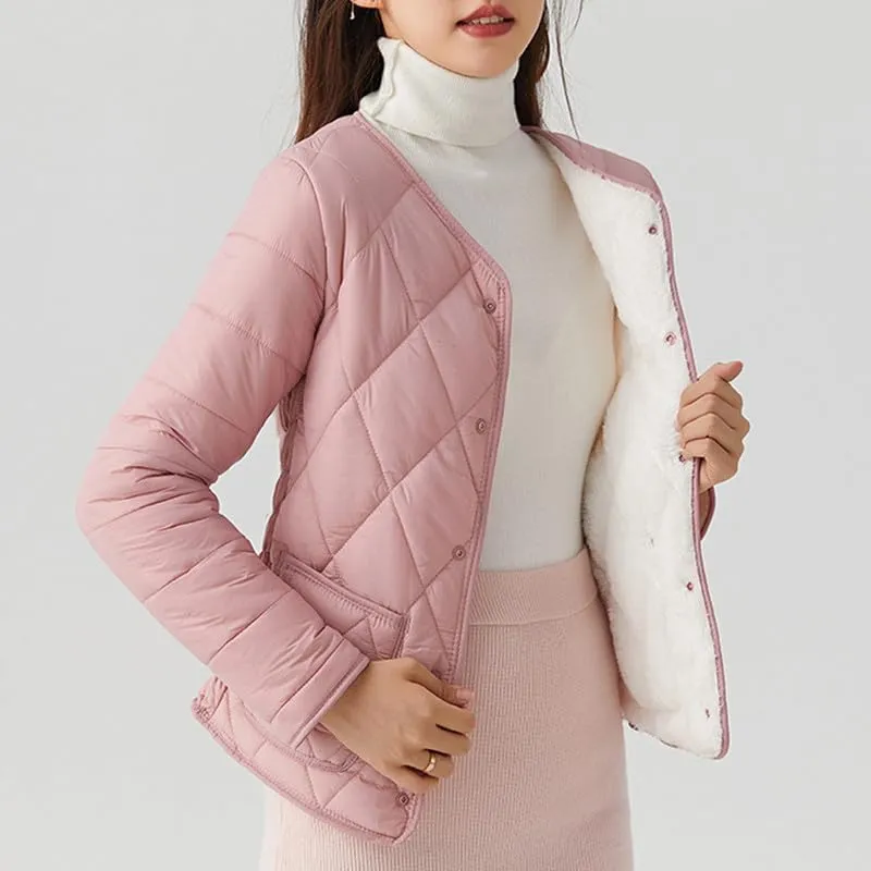 Buttons Cotton Coat Thicken Fleece Padded Jacket Liner With Pockets Women Lightweight Sherpa Warm Quilted Top