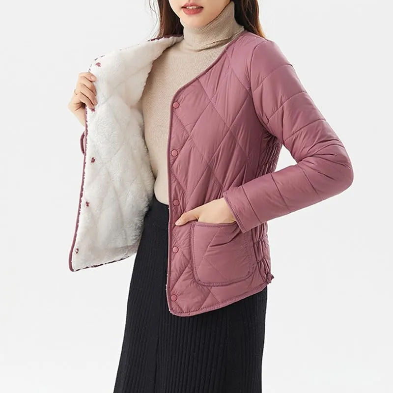 Buttons Cotton Coat Thicken Fleece Padded Jacket Liner With Pockets Women Lightweight Sherpa Warm Quilted Top