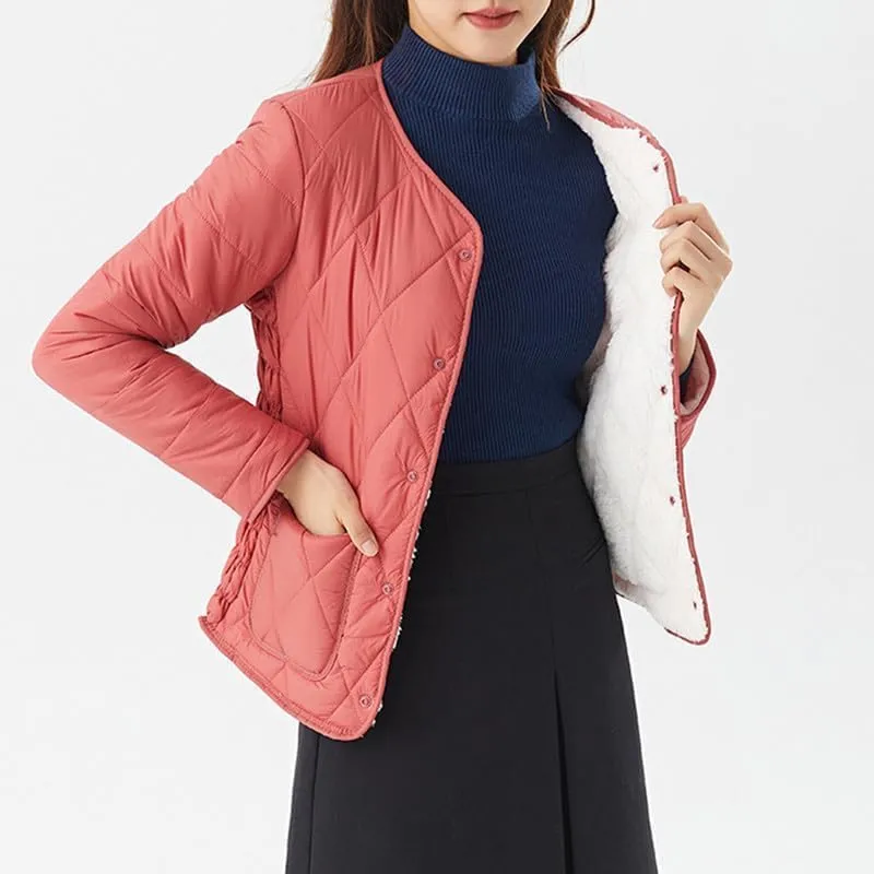 Buttons Cotton Coat Thicken Fleece Padded Jacket Liner With Pockets Women Lightweight Sherpa Warm Quilted Top