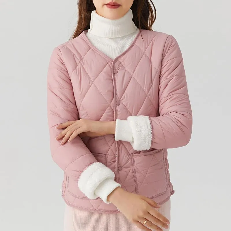 Buttons Cotton Coat Thicken Fleece Padded Jacket Liner With Pockets Women Lightweight Sherpa Warm Quilted Top
