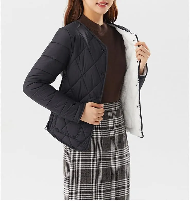 Buttons Cotton Coat Thicken Fleece Padded Jacket Liner With Pockets Women Lightweight Sherpa Warm Quilted Top