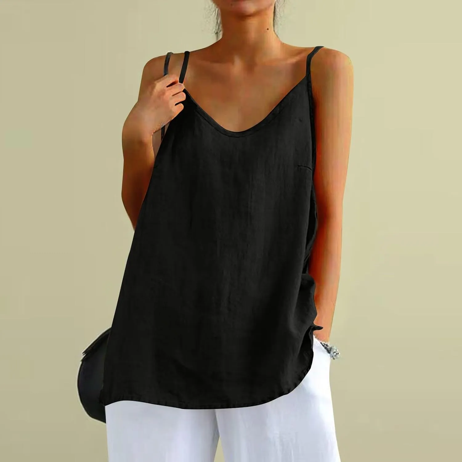 Camisole Tops for Women Summer V Neck Sleeveless Tops Loose Fit Swing Spaghetti Strap Cotton Linen Cami Tank Top