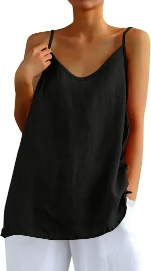 Camisole Tops for Women Summer V Neck Sleeveless Tops Loose Fit Swing Spaghetti Strap Cotton Linen Cami Tank Top