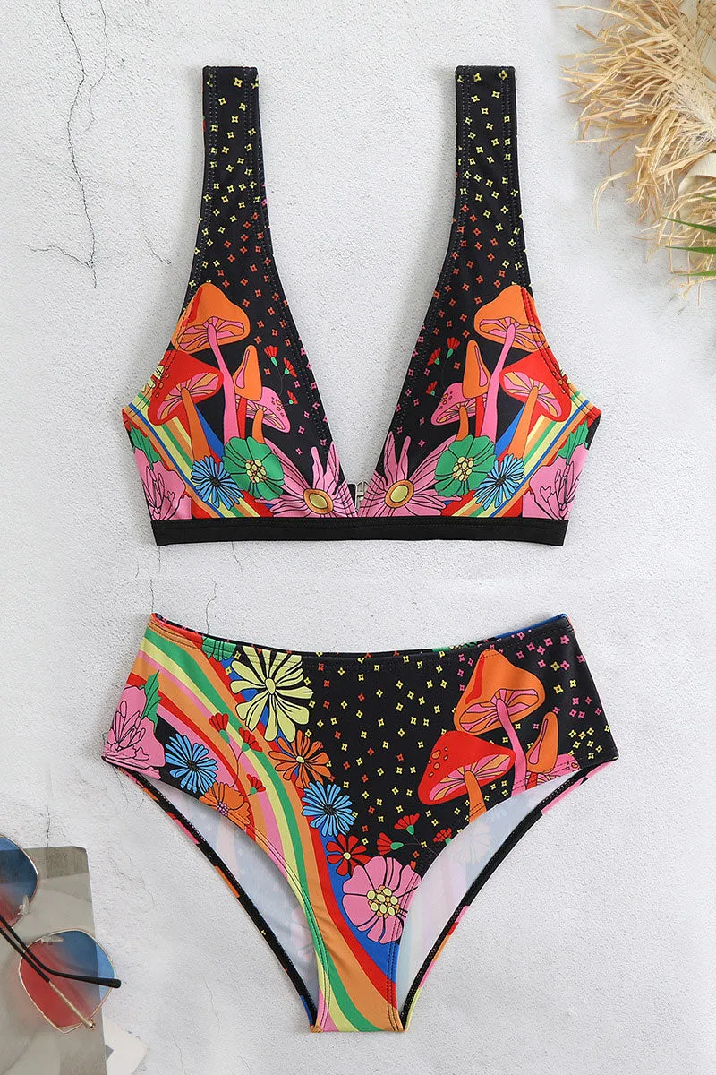 Cartoon Floral Print Stylish Plunging Bikini