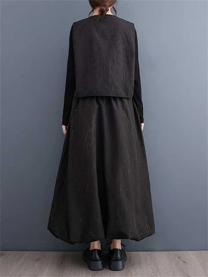 Casual Black Green Contrast Color Lace Up Vest   Lantern Skirt