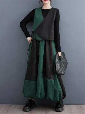 Casual Black Green Contrast Color Lace Up Vest   Lantern Skirt