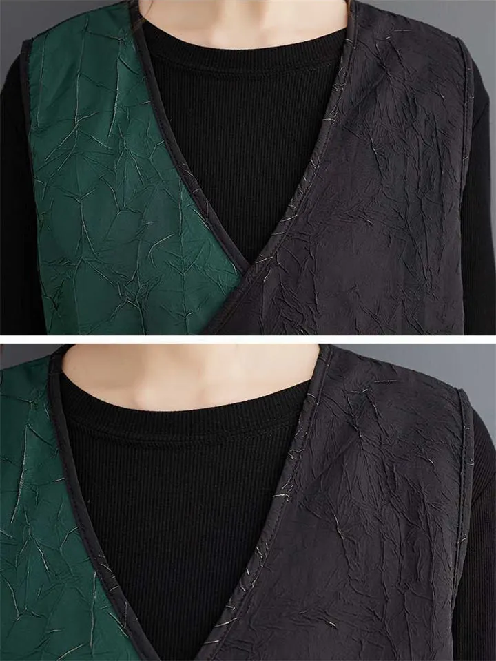 Casual Black Green Contrast Color Lace Up Vest   Lantern Skirt