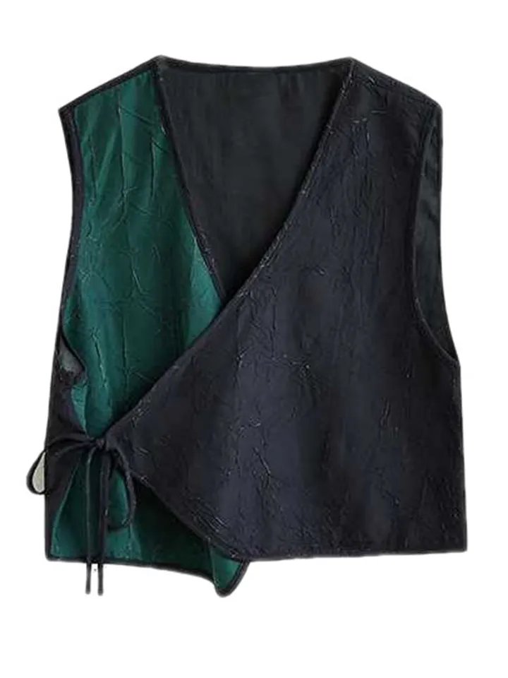 Casual Black Green Contrast Color Lace Up Vest   Lantern Skirt