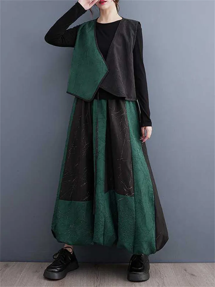 Casual Black Green Contrast Color Lace Up Vest   Lantern Skirt