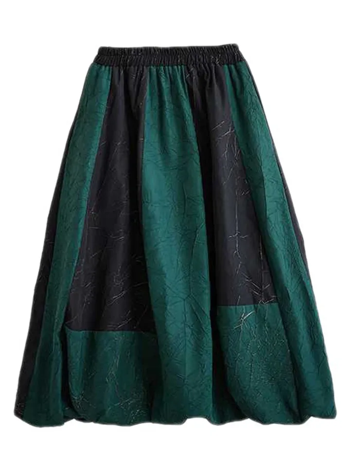 Casual Black Green Contrast Color Lace Up Vest   Lantern Skirt