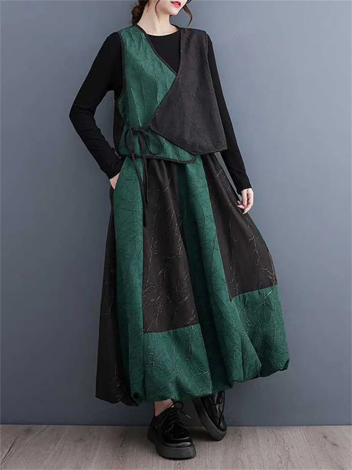 Casual Black Green Contrast Color Lace Up Vest   Lantern Skirt