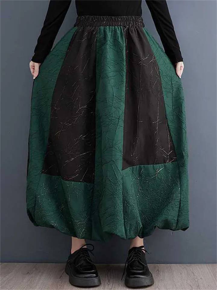 Casual Black Green Contrast Color Lace Up Vest   Lantern Skirt