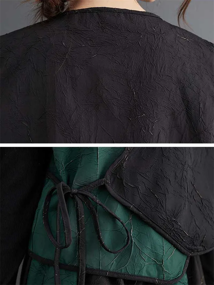 Casual Black Green Contrast Color Lace Up Vest   Lantern Skirt