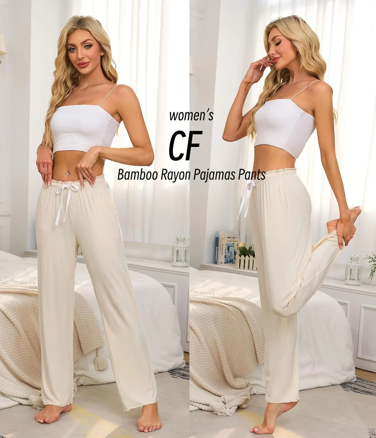 CF Women Bamboo Rayon Pajamas Pants Casual Loose Wide Leg Sleep Pants Soft Comfy Sleepwear for Lounge with Pockets