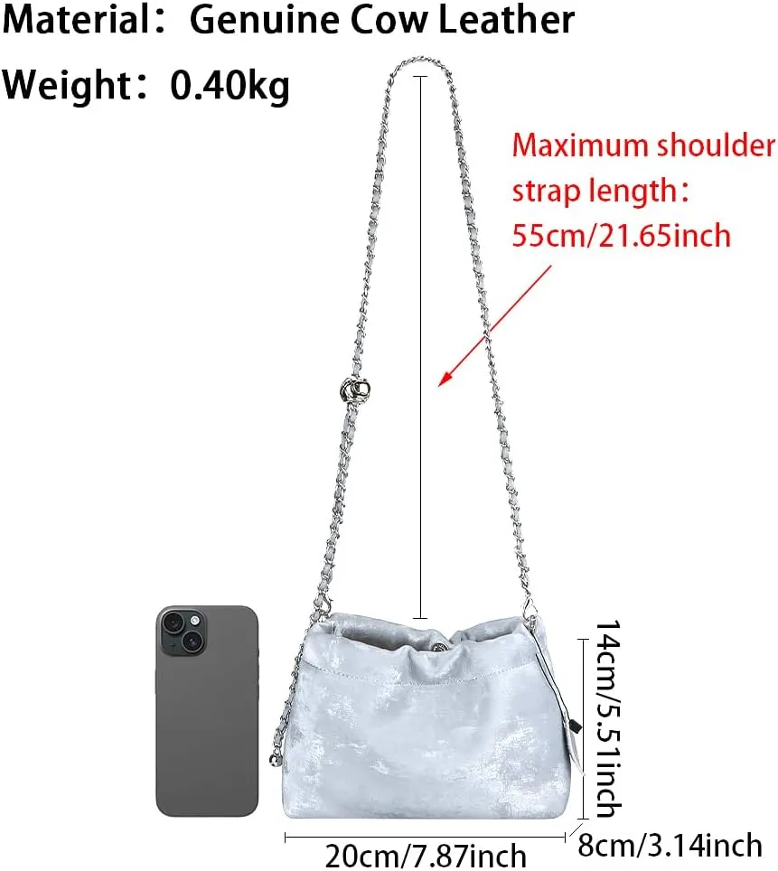 Chain Crossbody Bags, Stylish Soft Leather Women's Shoulder Purse, Beaded Bucket Handbag (Coffee)