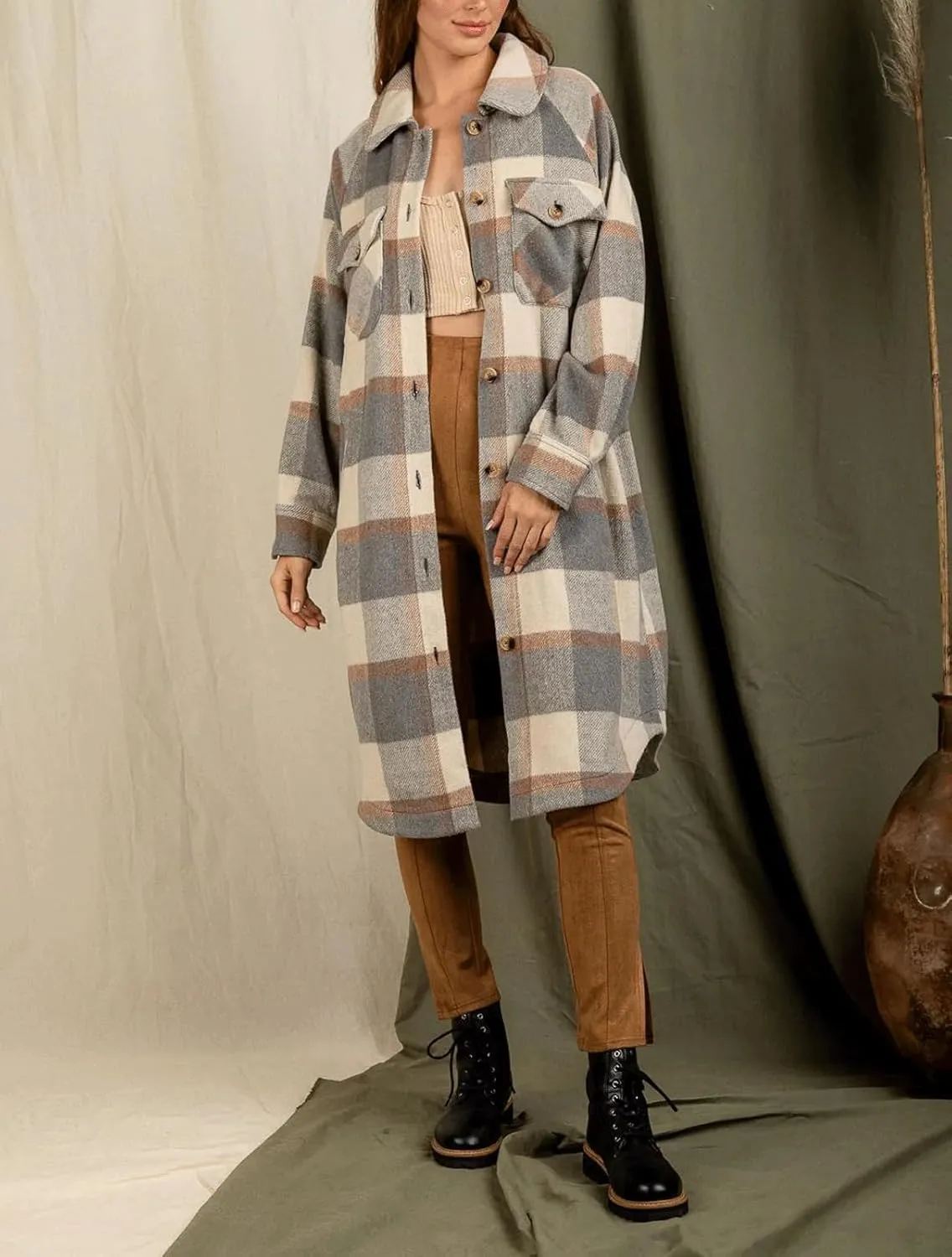 CHARTOU Women's Winter Plaid Trench Coat Turndown Collar Button Down Jacket Loose Long Pea Coat with Pockets