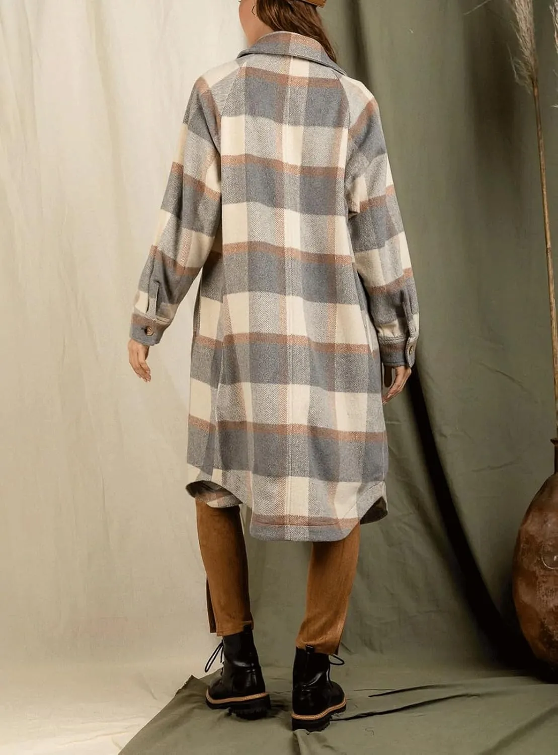 CHARTOU Women's Winter Plaid Trench Coat Turndown Collar Button Down Jacket Loose Long Pea Coat with Pockets