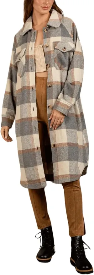 CHARTOU Women's Winter Plaid Trench Coat Turndown Collar Button Down Jacket Loose Long Pea Coat with Pockets