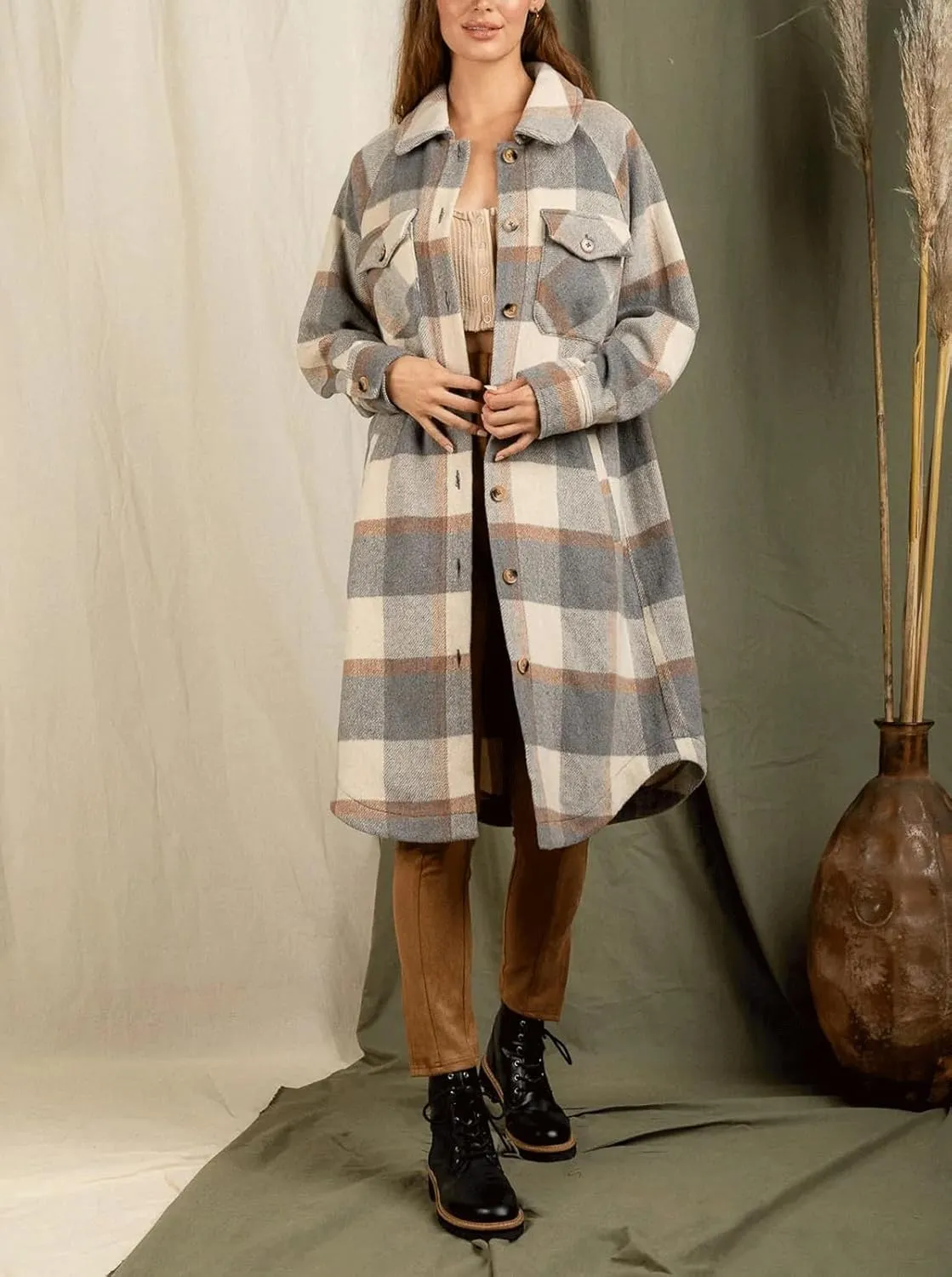CHARTOU Women's Winter Plaid Trench Coat Turndown Collar Button Down Jacket Loose Long Pea Coat with Pockets