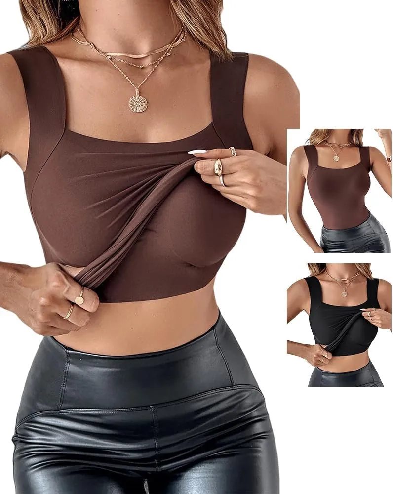 CHICME Womens U Neck Shapewear Built-in Bra Tank High Strechy Sleeveless Slim Fit Tops Camisole Workout Tops