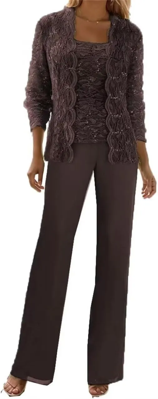 Chiffon 3 Pieces Mother of The Bride Pant Suits for Wedding Lace Sequin Pant Suits for Women Dressy Party